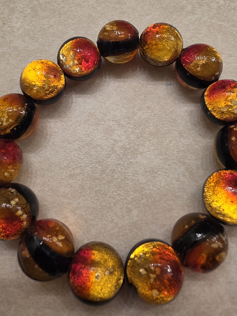 Handmade Glass Bead Stretch Bracelet in Amber and Red